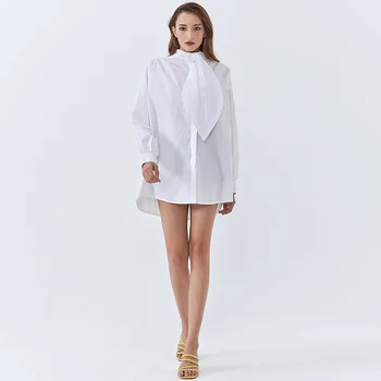 TWOTWINSTYLE Raibs Gadījuma Balts Krekls Sievietēm Stand Apkakli, garām Piedurknēm Zaudēt Blūze Sieviešu 2020 Rudens Modes Jaunas Drēbes