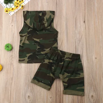2gab 2019 Baby Boy Apģērbs Kamuflāžas Kapuci bez Piedurknēm T-Krekls+Īsās Bikses Apģērbs Vasaras Apģērbs