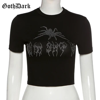 Goth Tumši Rhinestone Gothic Grunge T-Krekli Mall Goth, Punk Stila Black Bodycon Sieviešu Crop Topi Ar Īsām Piedurknēm Crewneck Streetwear