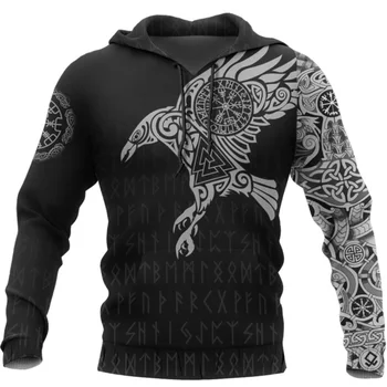 Viking Krauklis Tetovējums 3D Iespiesti Vīriešiem, Hoodies Retro Harajuku Fashion Kapuci sporta Krekls Rudens Hoody Gadījuma streetwear pelēkā vārna