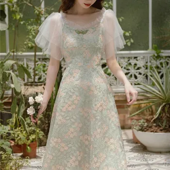 Heydress Vasaras Ziedu Kleitu Sievietēm Elegants Vintage Retro Pasaku Kleita Casual Slim Fit Izšūtās Mežģīnes Korejas Saldi Kleita Sievietēm