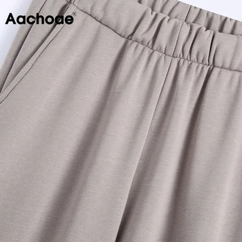 Aachoae Modes Gadījuma Garas Bikses, Sievietēm, Strethy Augsta Vidukļa Brīvs Bikses Sieviešu Sānu Kabatas Cietā Bikses Mujer Pantalones