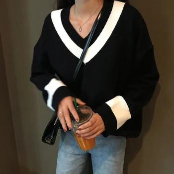 Hirsionsan Džemperis Sievietes, V-veida kakla Slinks Rudens Ziemas Trikotāžas Svītru Raibs Puloveri Mīksto Brīvs Džemperis Melns Sieviešu Apģērbs