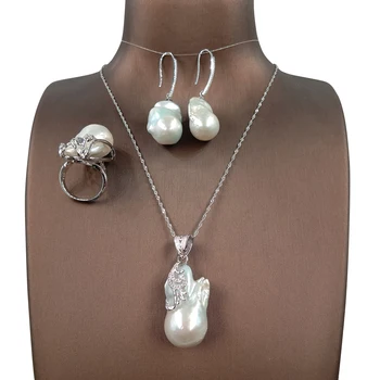 Baroka pērle kopums,925 SUDRABA rotaslietas, kas ar kaklarota,gredzens,auskari, DABAS SALDŪDENS PĒRLE-20-32 mm liels baroka pērli,