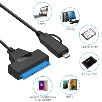 2 in 1 USB 3.0 + USB Type-C SSD / 2,5 Collu SATA(7+15 Pin), Cietā Diska Adapteri, Optimizēta HDD, SSD, Atbalsta UASP SATA III