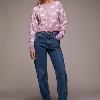 ZXQJ Sieviešu 2020. Gadam Salds Modes Ziedu Pogas Apgriezts Trikotāžas Jaka Vintage Džemperis ar garām Piedurknēm, Sieviešu Virsdrēbes Šiks Topi