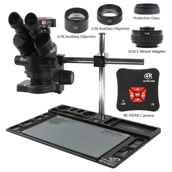 3,5 X-90X Vienlaicīgi-Fokusa Trinokulara Stereo Mikroskopu+38MP 1080P 4K UHD HDMI Mikroskopa Kamera+Alumīnija Sakausējuma Bāzi PCB ar Mīkstlodi