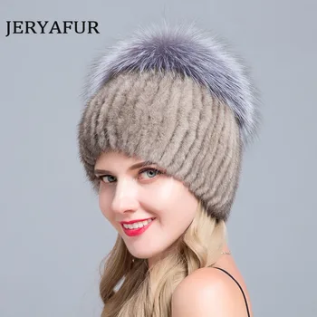 Karstā Pārdošanas Modes Ziemā Silts Sieviešu Adīšanas Cepures Ūdeļu cepures Vertikālā aušana ar FOX Kažokādas Uz Augšu Slēpošana klp