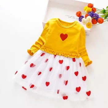 TSpring Rudens Girl Dress 1-8 Gadiem Baby Kids Meitenes Sirds Drukāt Garām Piedurknēm Kleita Saldu Kokvilnas Ērti Toddler Acs Kleitas