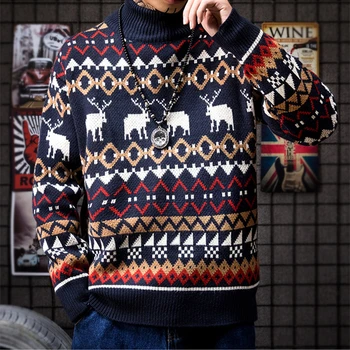 Vīriešu pusē, augstās apkakles džemperis briežu drukāt rudens pavasara Ziemassvētku Džemperis trikotāžas Džemperis Džemperis slim fit vīriešu apģērbs
