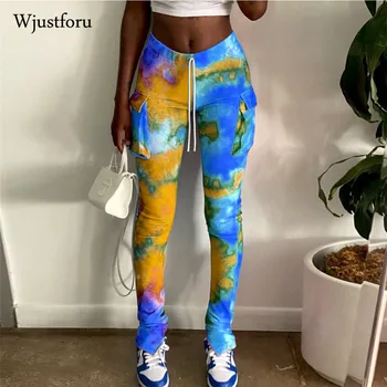 Wjustforu Streetwear Sieviete Bikses Piecas Krāsas Gadījuma Augsta Vidukļa Slim Pencil Bikses Kaklasaiti Krāsošanas Sadalīt Joggers Bikses Rudenī 2020 Sievietēm
