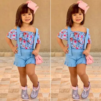 Meiteņu Drēbes, Uzvalki 2019 Jauno Vasaras Stils Bērniem Ziedu Tops ar Lencēm Uzvalks Apģērbu Komplekti 1-6T Bērniem Ruffles Piedurknēm Komplekti