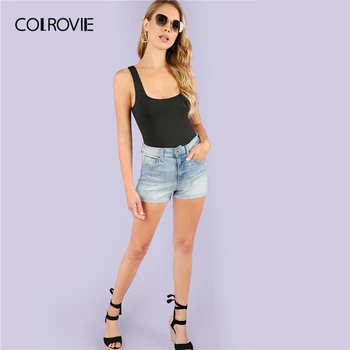 COLROVIE Black Liekšķere Kakla Slim Fit Sexy White Izdilis Tvertne Bodysuit Sieviešu 2019. Gada Vasarā bez Piedurknēm, Pelēka Pamata Dāmas Bodysuits