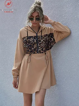 Modes Sievietes Pavasara Rudens-Line Kleita Kapuci Aukliņu Dizaina Rāvējslēdzēju Dekoru O-Veida Kakla Garām Piedurknēm Leopards Drukāt Slim Mini Kleita