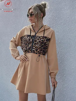 Modes Sievietes Pavasara Rudens-Line Kleita Kapuci Aukliņu Dizaina Rāvējslēdzēju Dekoru O-Veida Kakla Garām Piedurknēm Leopards Drukāt Slim Mini Kleita