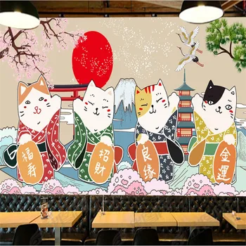 Japāņu Multiplikācijas filmu Laimīgajiem Kaķiem 3D Fona Tapetes, Sienas 3D Suši Ramen Restorāns, Uzkodu Bārs Rūpniecības Sienas Dekori, Papīra 3D