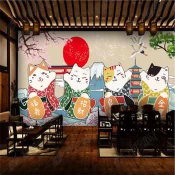 Japāņu Multiplikācijas filmu Laimīgajiem Kaķiem 3D Fona Tapetes, Sienas 3D Suši Ramen Restorāns, Uzkodu Bārs Rūpniecības Sienas Dekori, Papīra 3D