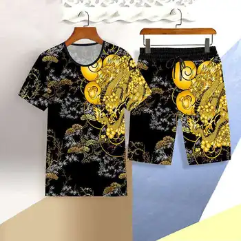 Jūra zīmolu vasaras ikdienas tērps vīriešu īsām piedurknēm šorti, jauniem un pusmūža plus lieluma nacionālā stila t kreklu un bikses M-4XL