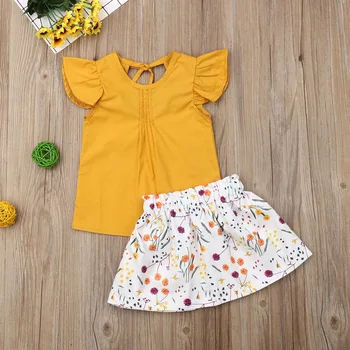 Pudcoco Vasaras Toddler Baby Girl Apģērbu Lidot Piedurknēm tīrtoņa Krāsu Topi Ziedu Drukāt Mini Svārki 2gab Apģērbs, Apģērbi Vasaras