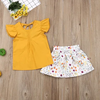 Pudcoco Vasaras Toddler Baby Girl Apģērbu Lidot Piedurknēm tīrtoņa Krāsu Topi Ziedu Drukāt Mini Svārki 2gab Apģērbs, Apģērbi Vasaras