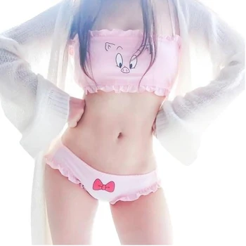 Kawaii Japāņu Lolita Meitene Rozā Cūku Sejas Mežģīņu Sieviešu Apakšveļas Komplekts Sexy Apakšveļa 2019 Intimates Push Up Krūšturis Un Biksīšu Komplekts