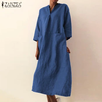 Elegants Kabatas Drēbes Sieviešu Rudens Sundress ZANZEA ir 2021. Gadījuma 3/4 Piedurknēm Maxi Vestidos Sieviešu V Kakla Krekls, Kleita Plus Izmēra 5XL