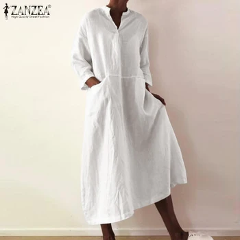 Elegants Kabatas Drēbes Sieviešu Rudens Sundress ZANZEA ir 2021. Gadījuma 3/4 Piedurknēm Maxi Vestidos Sieviešu V Kakla Krekls, Kleita Plus Izmēra 5XL