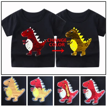 Baby Zēni, T Kreklu, Kokvilnas t-veida Topi Boy Cartoon Sequin Dinozauru Bērniem Outwear bērnu drēbītes, Topi 2-12 Gadu Zēnu Drēbes