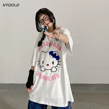 NYOOLO Vasaras ielu karikatūra stereoskopiskās burtiem, izšuvums ar īsām piedurknēm T-krekls sievietēm Harajuku brīvs O-veida kakla džemperi, topi tee