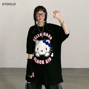 NYOOLO Vasaras ielu karikatūra stereoskopiskās burtiem, izšuvums ar īsām piedurknēm T-krekls sievietēm Harajuku brīvs O-veida kakla džemperi, topi tee