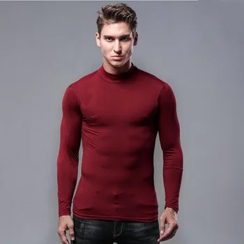 Vīriešu t krekls ar garām piedurknēm t-krekls augstu uzrullētu apkakli t-krekli cilvēks plānas ziemas pavasara modes ikdienas kravu t krekli, vīriešu t krekls vīna sarkans