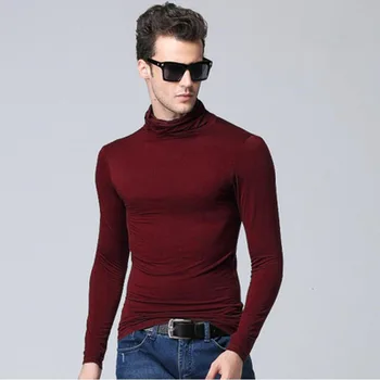 Vīriešu t krekls ar garām piedurknēm t-krekls augstu uzrullētu apkakli t-krekli cilvēks plānas ziemas pavasara modes ikdienas kravu t krekli, vīriešu t krekls vīna sarkans