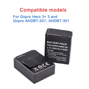 2gab 3,7 v 1600mAh akku Go Pro hero 3/3 + akumulators AHDBT-301 AHDBT301 AHDBT-201, par gopro HERO3 gopro3 3 + daļas, vairumtirdzniecība