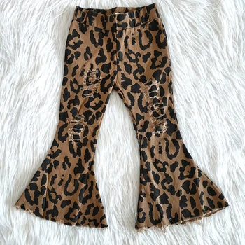 Labākā pārdošanas bērniem džinsa bikses meitene modes rudenī bell bikses bērnu meitene leopards drukāt bikses