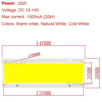 Regulējamas 140x50MM 20W LED COB Gaismas Lentes Lampas 12V DC Super Spilgti Taisnstūra Spuldze, Silti Dabas Auksti Balta DIY par Gaismas
