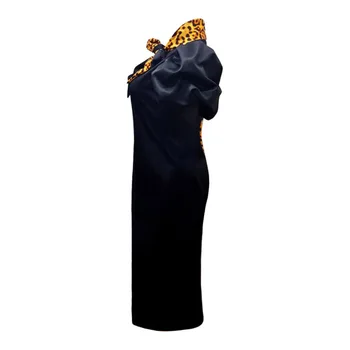 Vintage Puff Piedurknēm Kleita Retro Leoparda Krāsas Bloka Bowtie Apkakli Sievietēm Vestidos Āfrikas Rudens Liels Plus Izmērs Midi Kleitas