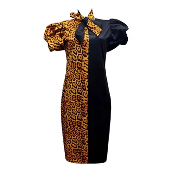 Vintage Puff Piedurknēm Kleita Retro Leoparda Krāsas Bloka Bowtie Apkakli Sievietēm Vestidos Āfrikas Rudens Liels Plus Izmērs Midi Kleitas