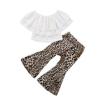 2018 Modes Bērniem, Baby Girl Apģērbu Leopard graudu Mežģīnes Top+Leopard Signālraķetes Bikses Bell Dibeni Tērpiem Komplekts