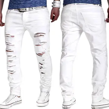Jaunu 2020. gadam, Modes pavasara rudens Gadījuma cilvēks, dzidri krāsu taisni caurumu mazgā Baltas džinsa Samazināt Ripped kovboju gadījuma bikses bikses