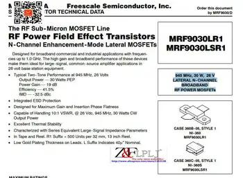 MRF9030L MRF9030LR1 MRF9030 L 945 MHz, 30 W, 26 V SĀNU N-KANĀLS PLATJOSLAS RF MOSFETs