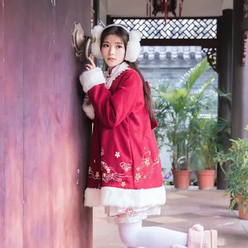 Ķīniešu stilā han elements rudens ziemas sweet lolita mētelis ķiršu ziedi varde boeknot stāvēt studentu mēteli kawaii meitene mētelis