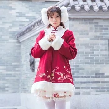 Ķīniešu stilā han elements rudens ziemas sweet lolita mētelis ķiršu ziedi varde boeknot stāvēt studentu mēteli kawaii meitene mētelis