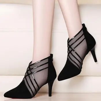 Ir 2021. jaunu ieradās sieviete, kuru linuma acs potītes zābaki sieviešu vasaras 10cm plānas papēžiem zābaki sandales dāmas norādīja toe kurpes sandales sandalias