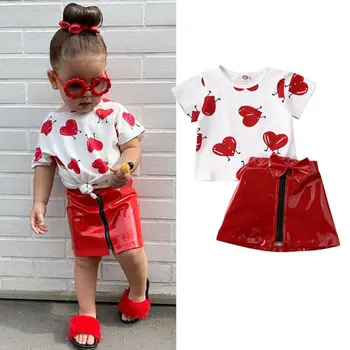 6M-ź5 y Toddler Bērnu Bērniem Meitene Apģērbu Komplekts Valentīna Diena Apģērbs Sirdi ar Īsām Piedurknēm Top Sarkani Svārki, Vasaras Kostīmi Bērniem