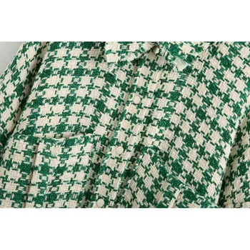 Stilīgs, Elegants Kabatas Zaļā Pleds Tweed Jakas Sieviešu 2020. Gadam, Modes Atloks Apkakli, Sānu Šķēlumi Mētelis Sieviešu Šiks Virsdrēbes