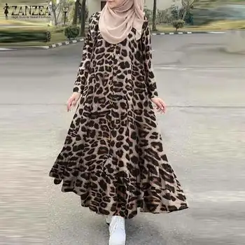 Sieviešu Drukāt Sundress Dubaija ZANZEA turku Savirmot Kleita Kaftan Ziedu Maxi Vestidos Sievietes Pogu Islāmu Apģērbu Drēbes Lielgabarīta