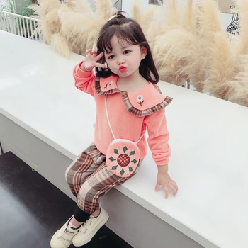 Pavasara Cute Meitene Uzvalks 2020. gadam korejiešu Versija 1-4 T Rietumu Stila Meitene Džemperis Pleds Bikses 2gab Bezmaksas Maiss Rudenī Toddler Bērniem Drēbes