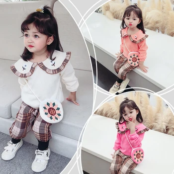 Pavasara Cute Meitene Uzvalks 2020. gadam korejiešu Versija 1-4 T Rietumu Stila Meitene Džemperis Pleds Bikses 2gab Bezmaksas Maiss Rudenī Toddler Bērniem Drēbes