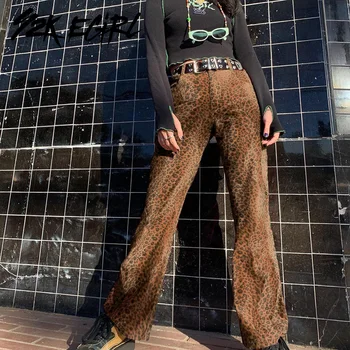Y2K EGIRL Grunge Estētika Leopard Augstās Jostasvietas Bikses Cyber Y2K Dzīvnieku Print Taisni Sarkanas Bikses Harajuku Tērpiem Streetwear