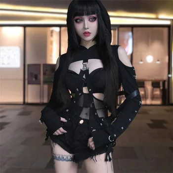 InstaHot Black Auksti Plecu Kapuci Hoodies Sieviešu Gothic Sexy Rudens Garām Piedurknēm Crop Topi Dāma Atdzist Ķēdes Modes Apģērbu Brīvs